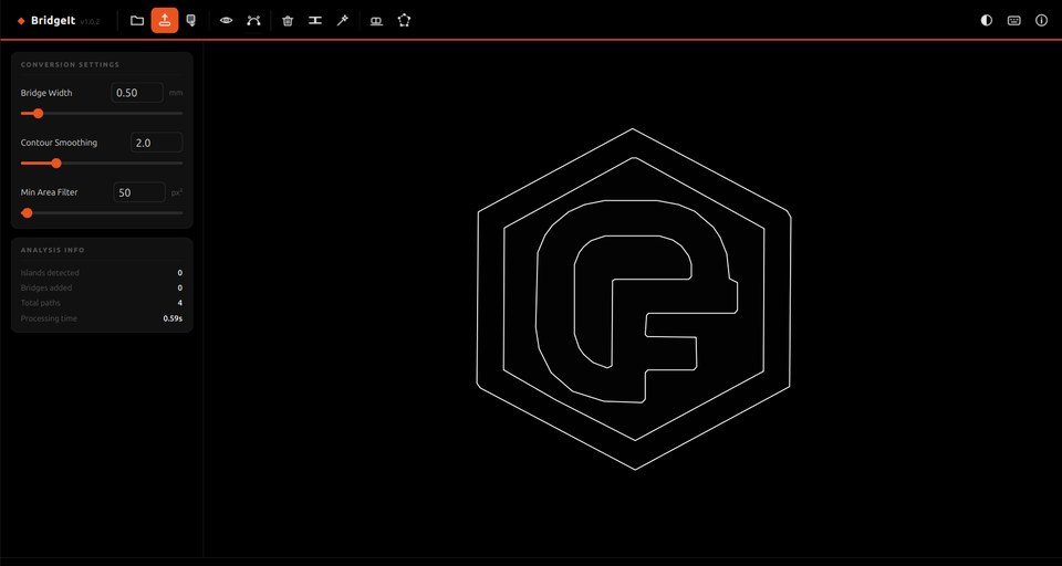 BridgeIt cut paths view — white vector outlines on dark canvas